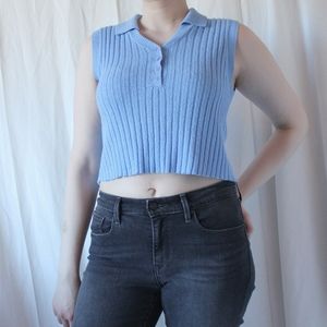 Vintage Collared Ribbed Sleeveless Top in Blue
